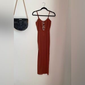 Miss8 Brown Mesh Corset Spaghetti Strap Maxi Dress, Size Small